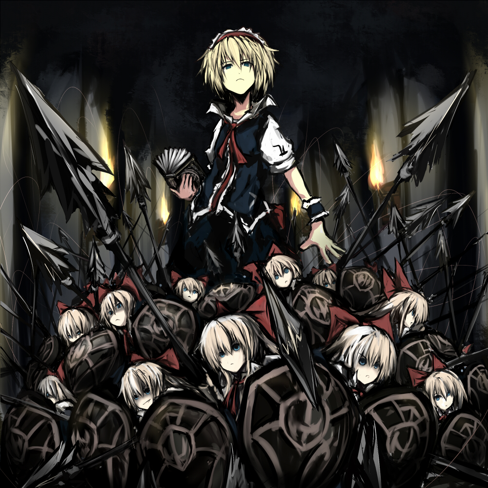 1girl, alice_margatroid, blonde_hair, blue_eyes, book, capelet, demon's_souls, doll