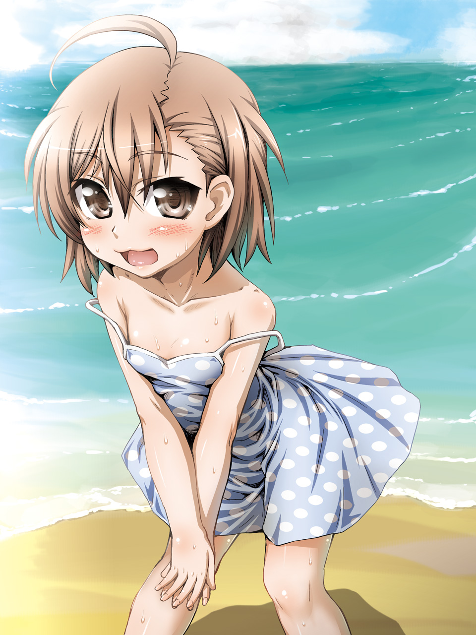 1girl, ahoge, aru_ra_une, beach, blush, brown_eyes, brown_hair, cloud, day, dress, female_focus, highres, last_order_(toaru_majutsu_no_index), outdoors, polka_dot, sand, short_hair, sky, solo, strap_slip, sweat, toaru_majutsu_no_index