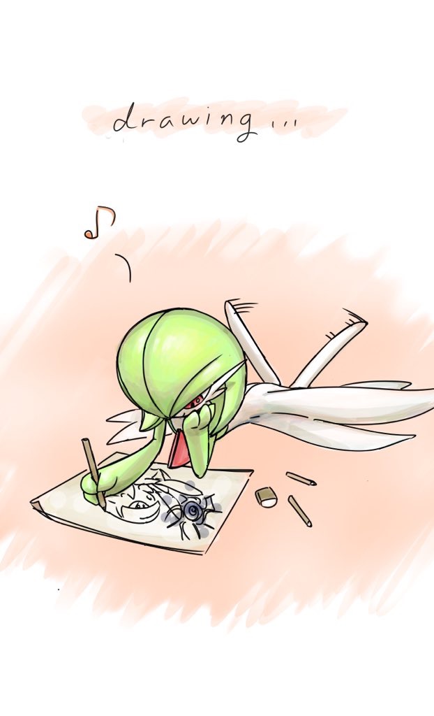 1girl, ame_(metorui), bob_cut, closed_mouth, colored_skin, drawing, english_text, eraser, feet_up, female_focus, flat_chest, full_body, gardevoir, gen_3_pokemon, green_hair, green_skin, hair_over_one_eye, hand_on_own_cheek, hand_on_own_face, happy, head_rest, holding, holding_pencil, looking_down, lying, multicolored_skin, musical_note, nintendo, no_feet, on_stomach, one_eye_covered, paper, pencil, pokemon, pokemon_(creature), red_eyes, short_hair, smile, solo, spoken_musical_note, two-tone_skin, white_skin