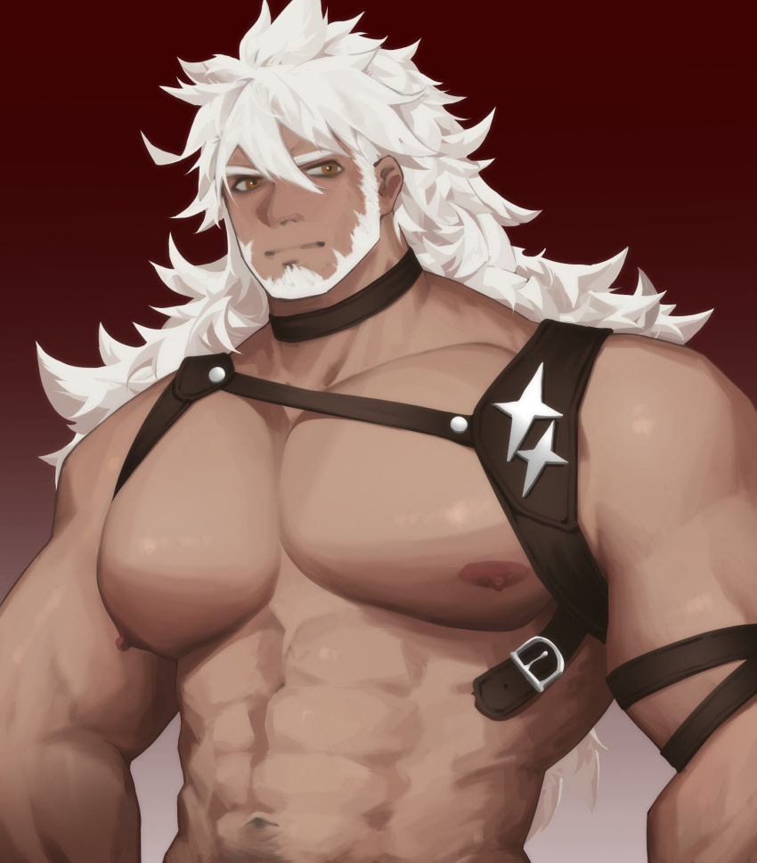 1boy, abs, absurdres, alchemy_stars, arms_at_sides, bara, bare_pectorals, beard