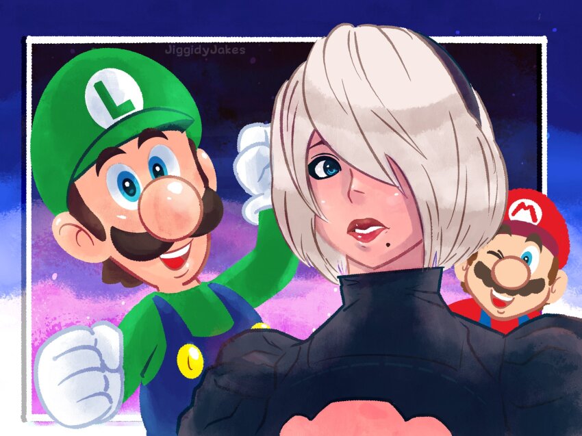 1girl, 2b_(nier:automata), 2boys, blue_eyes, brothers, brown_hair, crossover, facial_hair, gloves, grin, hair_ornament, hair_over_one_eye, hat, highres, jiggidyjakes, looking_at_viewer, luigi, mario, mario_(series), multiple_boys, mustache, nier:automata, nier_(series), nintendo, one_eye_closed, overalls, siblings, smile, square_enix, standing, super_mario_bros._1, upper_body, white_hair, wink