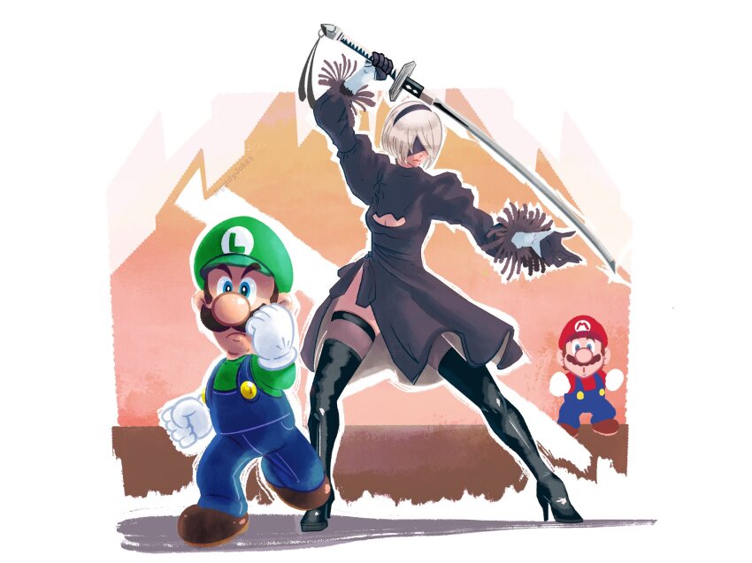 1girl, 2b_(nier:automata), 2boys, blue_eyes, boots, breasts, brothers, cleavage