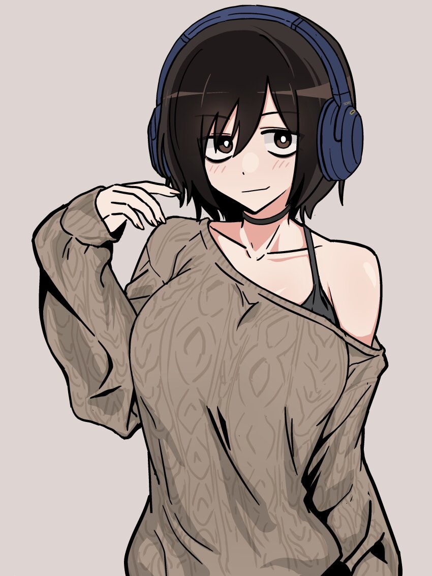 1girl, absurdres, black_bra, bra, bra_peek, breasts, brown_eyes, brown_hair