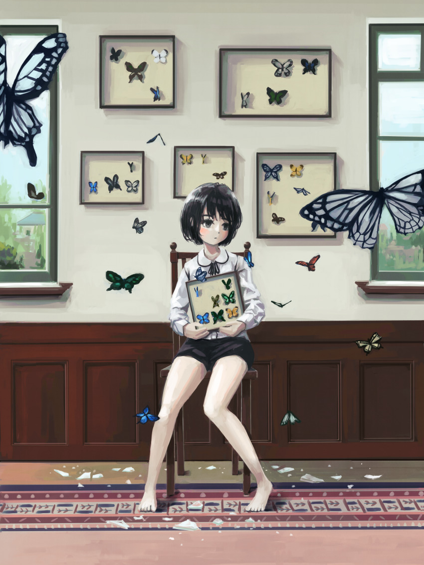 1girl, absurdres, barefoot, black_eyes, black_hair, black_shorts, broken_glass, bug