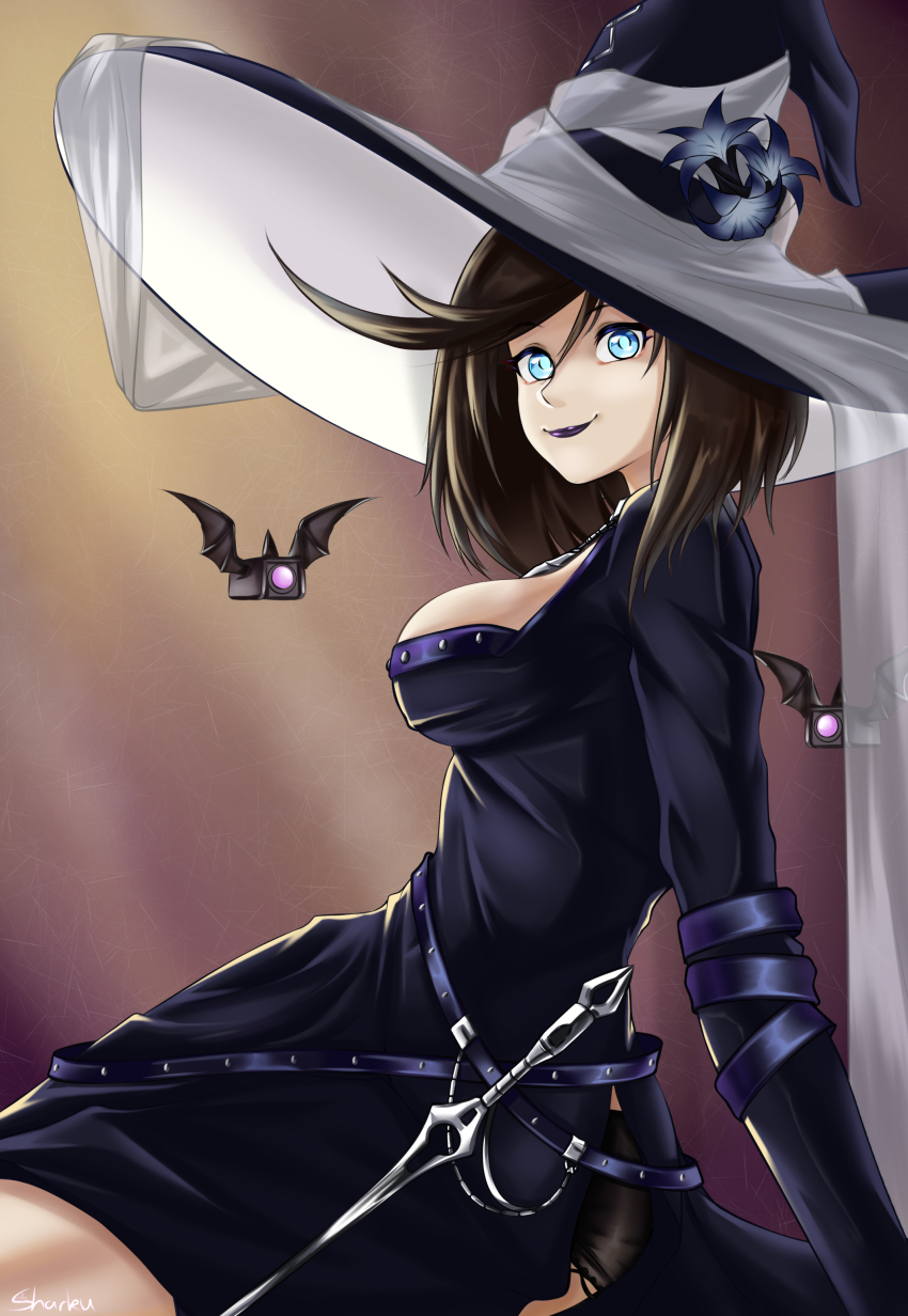 absurdres, alternate_costume, artist_name, bat_wings, black_dress, black_lips, blue_eyes, brown_hair