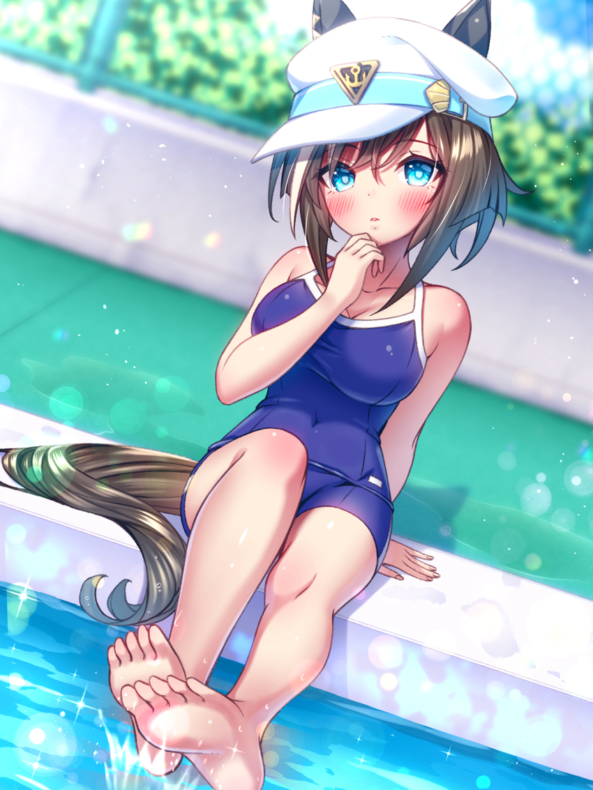 1girl, alternate_costume, animal_ears, barefoot, blue_eyes, blue_one-piece_swimsuit, blurry, blurry_background