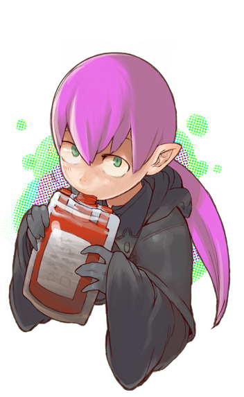 00s, 1girl, blood, blood+, blood_bag, blush, drinking, drinking_blood, female_focus, gloves, green_eyes, lulu_(blood+), nanashin, pointy_ears, ponytail, purple_hair, robe, solo, vampire, white_background