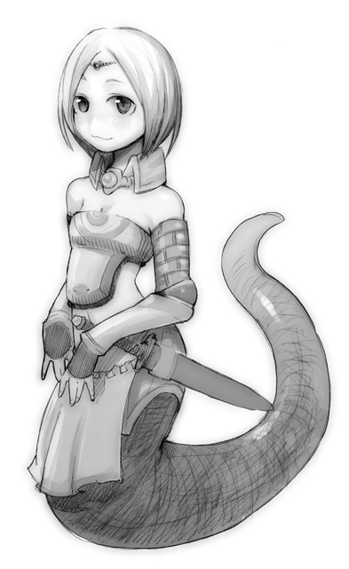 1girl, :3, female_focus, full_body, gauntlets, greyscale, jewelry, lamia