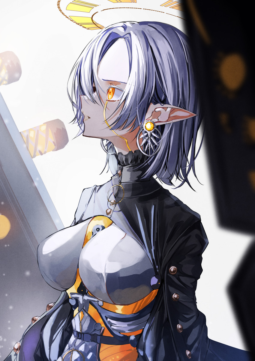 1girl, absurdres, black_jacket, breasts, buttons, crymachina, double_halo, earrings