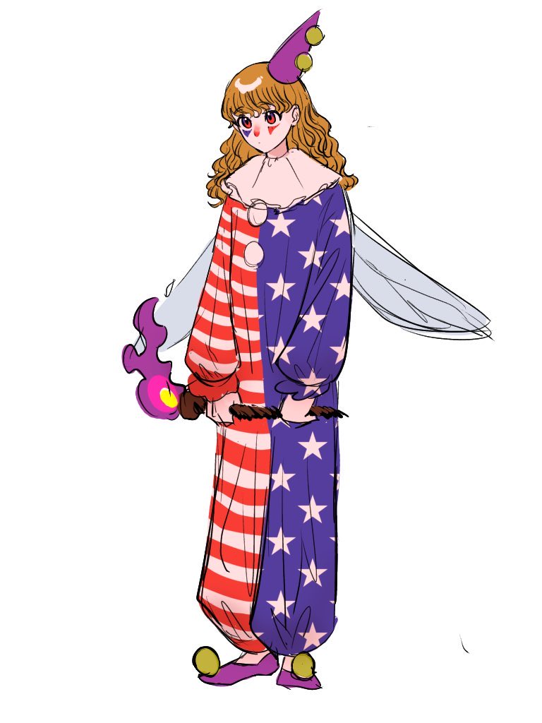 1girl, adapted_costume, american_flag_dress, blonde_hair, clown, clownpiece, facepaint, fire, full_body, holding, holding_torch, konoha217, long_hair, long_sleeves, neck_ruff, pink_fire, purple_footwear, purple_headwear, simple_background, solo, standing, torch, touhou, wavy_hair, white_background, wings