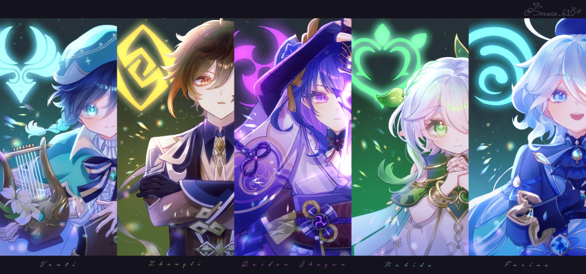 2boys, 3girls, absurdres, ahoge, anemo_symbol_(genshin_impact), arm_up, ascot, back_bow, bare_shoulders, belt, beret, black_border, black_bow, black_bowtie, black_gloves, bloom, blue_ascot, blue_background, blue_bow, blue_cape, blue_eyes, blue_gem, blue_gloves, blue_hair, blue_headwear, blue_jacket, blue_shirt, blush, border, bow, bowtie, bracelet, braid, breasts, brown_corset, brown_hair, brown_jacket, brown_vest, buttons, cape, character_name, closed_mouth, collared_jacket, collared_shirt, colored_inner_hair, corset, cross-shaped_pupils, crossed_arms, crystal, dark_blue_hair, dendro_symbol_(genshin_impact), detached_collar, detached_sleeves, diamond_button, dress, drop-shaped_pupils, elbow_gloves, electro_symbol_(genshin_impact), eyeshadow, fan_hair_ornament, fingerless_gloves, fingernails, floral_print, flower, formal_clothes, frills, furina_(genshin_impact), gem, genshin_impact, geo_symbol_(genshin_impact), gloves, gold_bracelet, gold_trim, gradient_background, gradient_hair, green_eyes, green_hair, grey_background, grey_hair, hair_between_eyes, hair_flower, hair_ornament, hand_fan, hand_up, hands_up, hat, highres, holding, holding_instrument, holding_sword, holding_weapon, hydro_symbol_(genshin_impact), instrument, jacket, japanese_clothes, jewelry, kimono, leaf, leaf_hair_ornament, long_hair, looking_at_viewer, low_ponytail, lyre, makeup, medium_breasts, mitsudomoe_(shape), mole, mole_under_eye, multicolored_hair, multiple_boys, multiple_girls, musou_isshin_(genshin_impact), nahida_(genshin_impact), necktie, obijime, open_clothes, open_jacket, open_mouth, orange_eyes, orange_hair, own_hands_together, ponytail, purple_background, purple_belt, purple_eyes, purple_flower, purple_gloves, purple_hair, purple_kimono, raiden_shogun, red_bow, red_bowtie, red_eyeshadow, red_sash, sash, shirt, short_hair, short_sleeves, sidelocks, smile, sorase_muto, standing, striped_bow, striped_bowtie, striped_clothes, suit, sword, symbol-shaped_pupils, tassel, tassel_hair_ornament, teeth, tomoe_(symbol), top_hat, twin_braids, v-shaped_eyebrows, venti_(genshin_impact), vest, vision_(genshin_impact), weapon, white_dress, white_flower, white_necktie, white_shirt, white_vest, wide_sleeves, wing_collar, yellow_bow, zhongli_(genshin_impact)