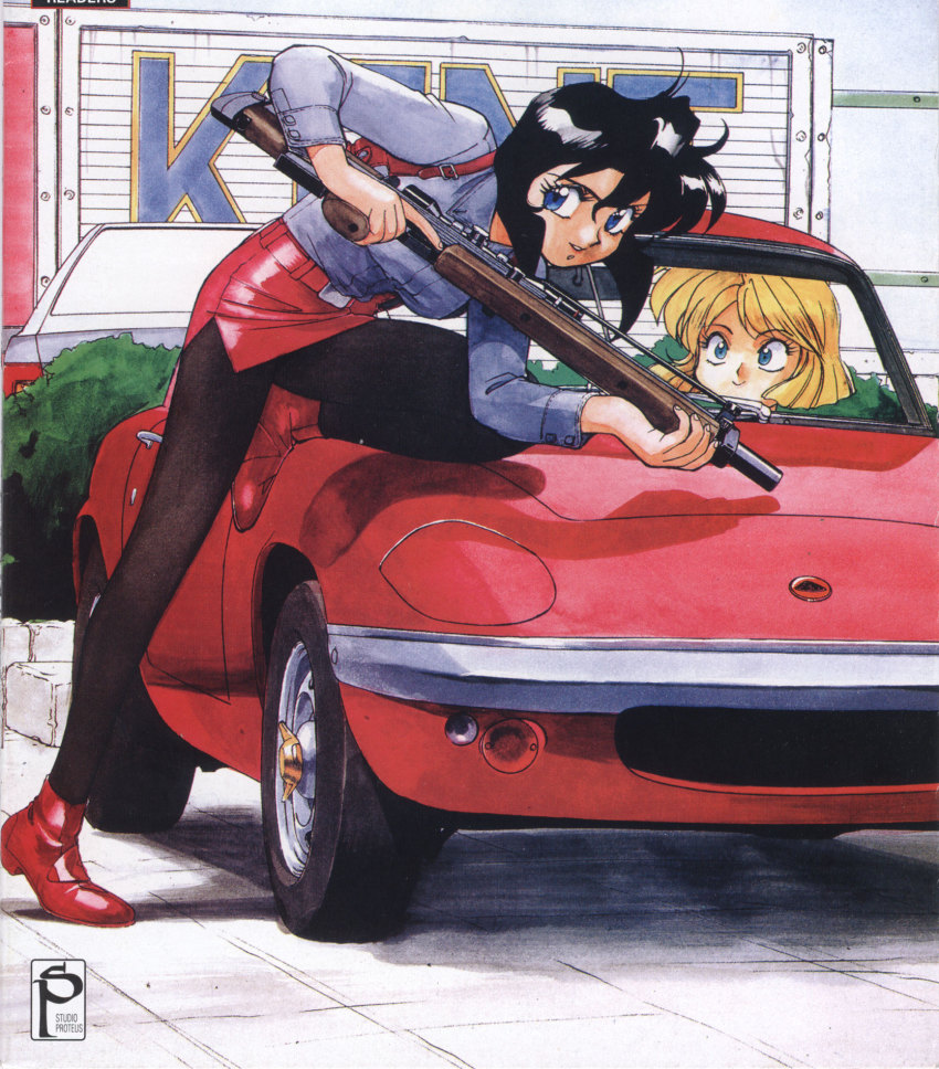 1990s_(style), 2girls, belt, black_hair, blonde_hair, blue_eyes, breasts, bullpup