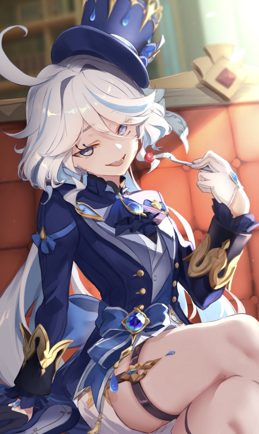 1girl, absurdres, ahoge, arm_support, ascot, asymmetrical_gloves, black_gloves, blue_ascot, blue_bow, blue_eyes, blue_gem, blue_hair, blue_hat, blue_jacket, blurry, blurry_background, bookshelf, bow, brooch, buttons, cherry, commentary_request, couch, crossed_legs, eyelashes, food, fork, fruit, furina_(genshin_impact), gem, genshin_impact, glint, gloves, hair_between_eyes, hair_intakes, half_gloves, hat, head_tilt, heterochromia, highres, holding, holding_fork, indoors, jacket, jewelry, lapels, left-handed, light_particles, light_rays, long_hair, long_sleeves, looking_at_viewer, mismatched_gloves, mismatched_pupils, multicolored_hair, open_clothes, open_jacket, open_mouth, shirt, short_shorts, shorts, sidelocks, sitting, smile, smug, solo, streaked_hair, swept_bangs, tassel, teeth, tilted_headwear, tongue, top_hat, white_gloves, white_hair, white_shorts, ymmt