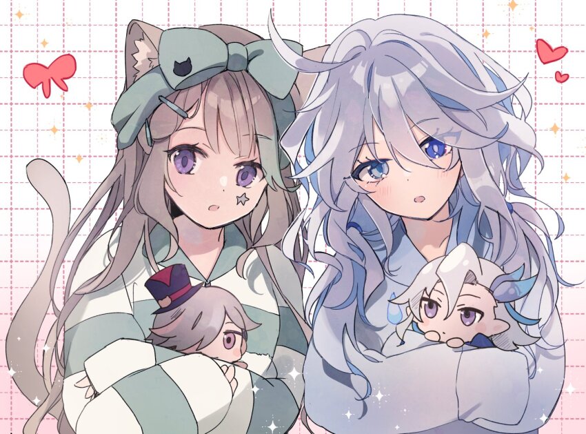 2boys, 2girls, :o, ahoge, animal_ear_fluff, animal_ears, black_headwear, blue_eyes