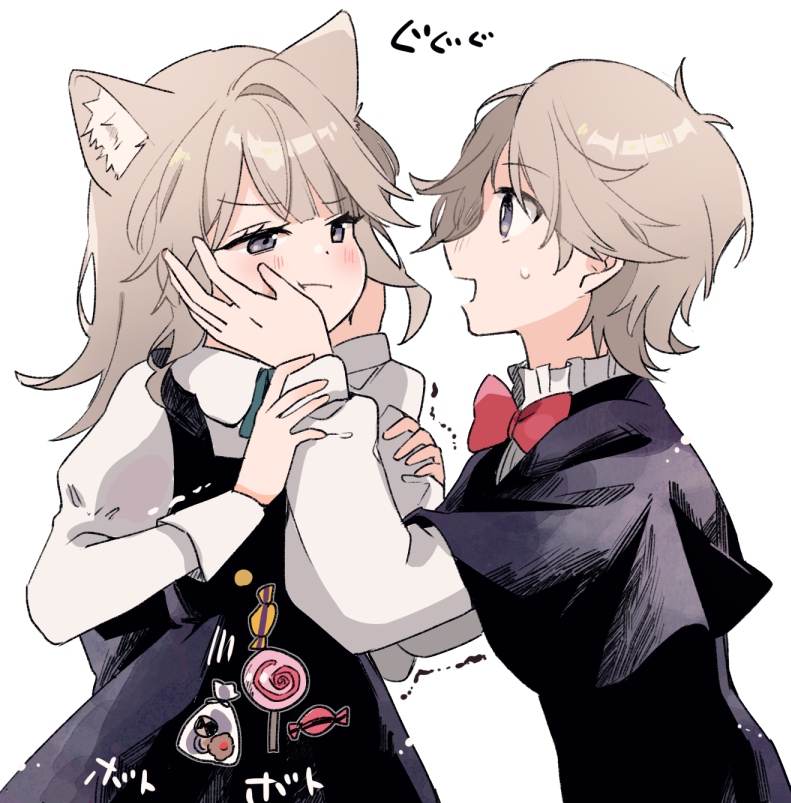 1boy, 1girl, aged_down, animal_ear_fluff, animal_ears, aqua_ribbon, black_capelet, black_dress