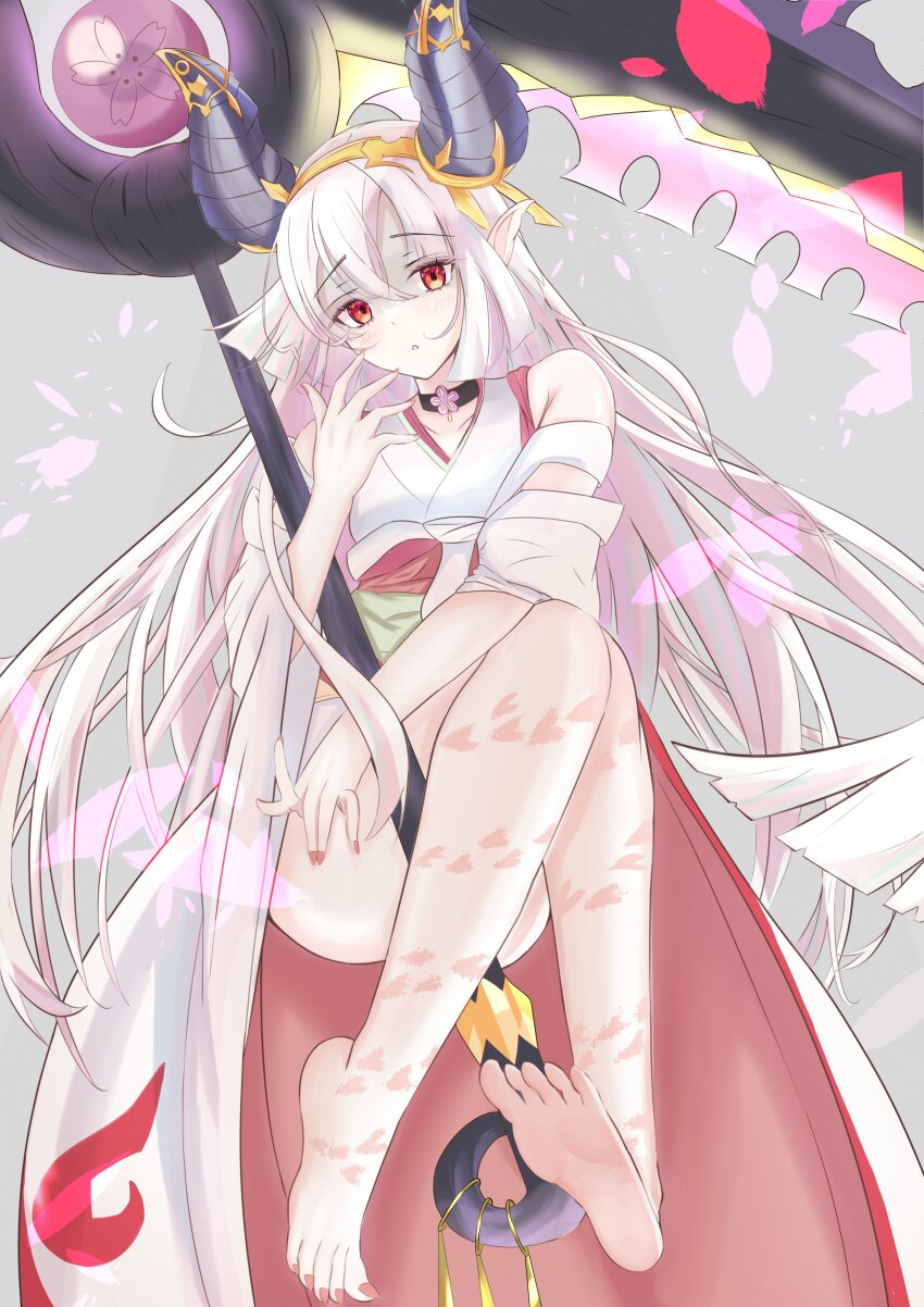 1girl, absurdres, barefoot, choker, duel_monster, falling_petals, hair_between_eyes, hand_up