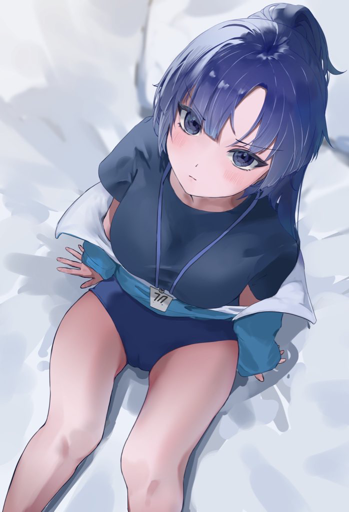 1girl, black_shirt, blue_archive, blue_buruma, blue_jacket, blush, buruma, id_card