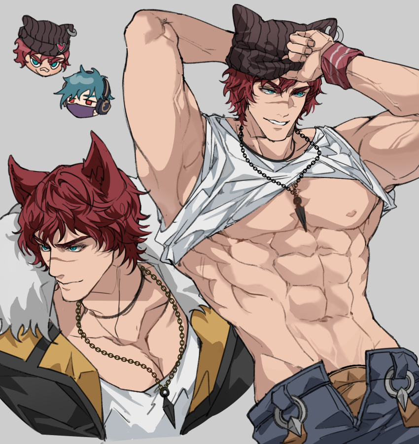 2boys, abs, animal_ears, aphelios, armband, bara, bare_pectorals, beanie