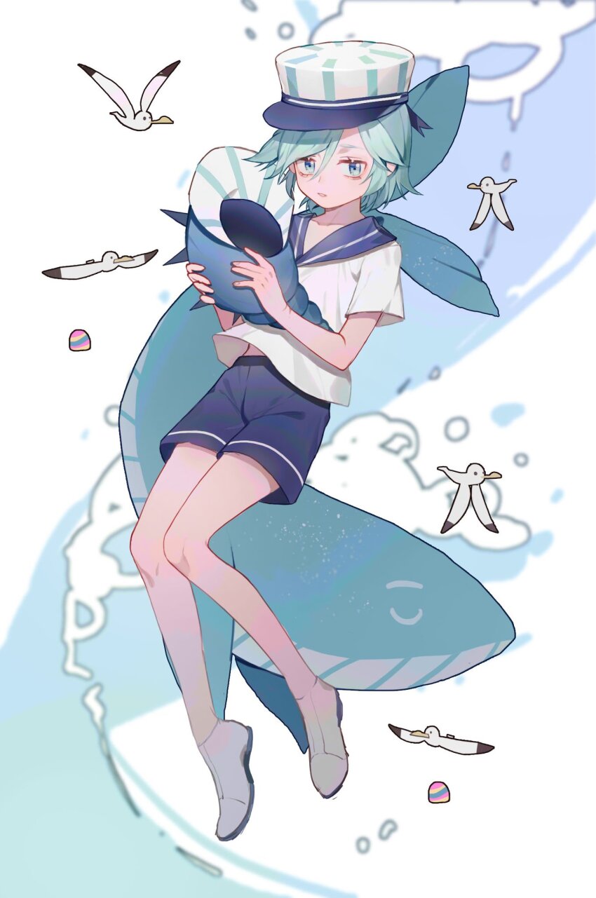 1boy, bird, blue_eyes, blue_hair, blue_sailor_collar, blue_shorts, collarbone, collared_shirt