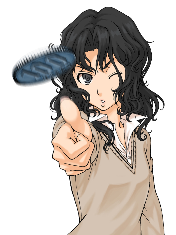 1girl, amagami, bad_id, bad_pixiv_id, coin, coin_flip, female_focus, flipping_coin, foreshortening, motion_blur, one_eye_closed, parody, satou_rina, school_uniform, simple_background, solo, tanamachi_kaoru, toaru_kagaku_no_railgun, toaru_majutsu_no_index, voice_actor_connection, white_background, wink, yuuya_(yu-ya's)