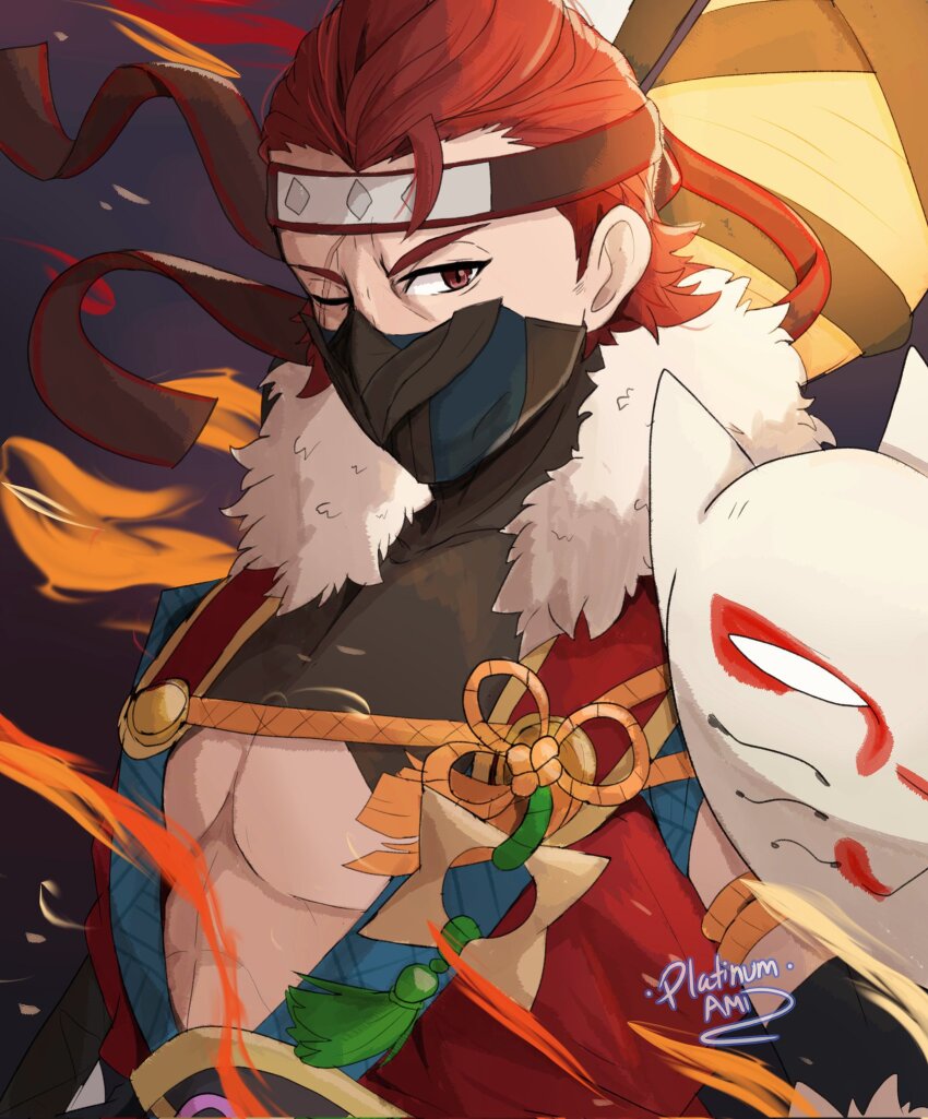 1boy, artist_name, fire_emblem, fire_emblem_fates, fire_emblem_heroes, fox_mask, hair_slicked_back, headband