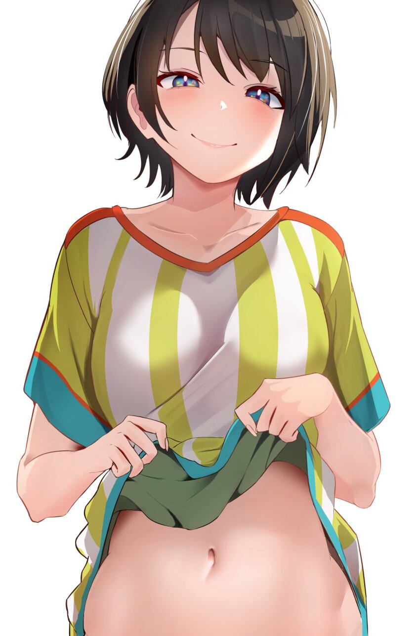 1girl, blue_eyes, breasts, brown_hair, clothes_lift, collarbone, commentary_request, duplicate