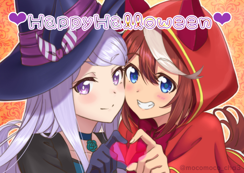 2girls, animal_ears, black_dress, black_gloves, blue_choker, blue_eyes, blue_headwear, bow