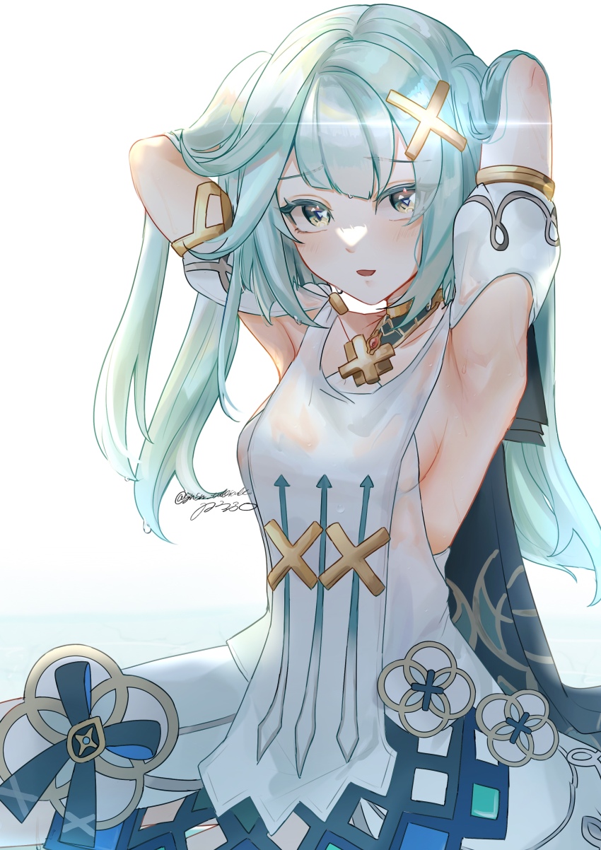 1girl, absurdres, aqua_hair, armpits, arms_behind_head, arms_up, bare_shoulders, breasts