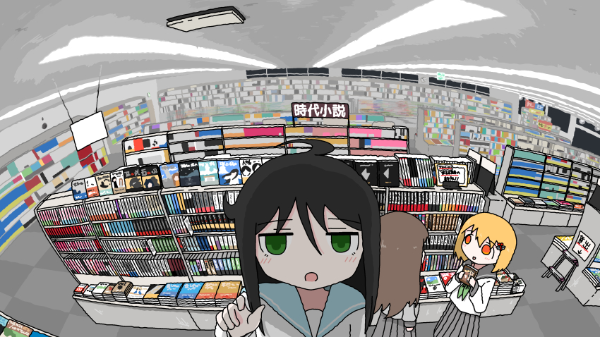 3girls, absurdly_detailed_composition, absurdres, ahoge, black_hair, blue_sailor_collar, book, book_shop