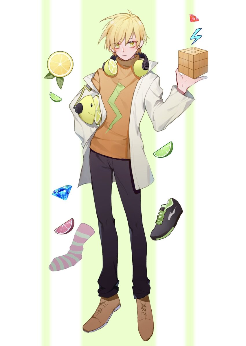 1boy, aqua_socks, black_footwear, black_pants, blonde_hair, blue_gem, boots, brown_footwear