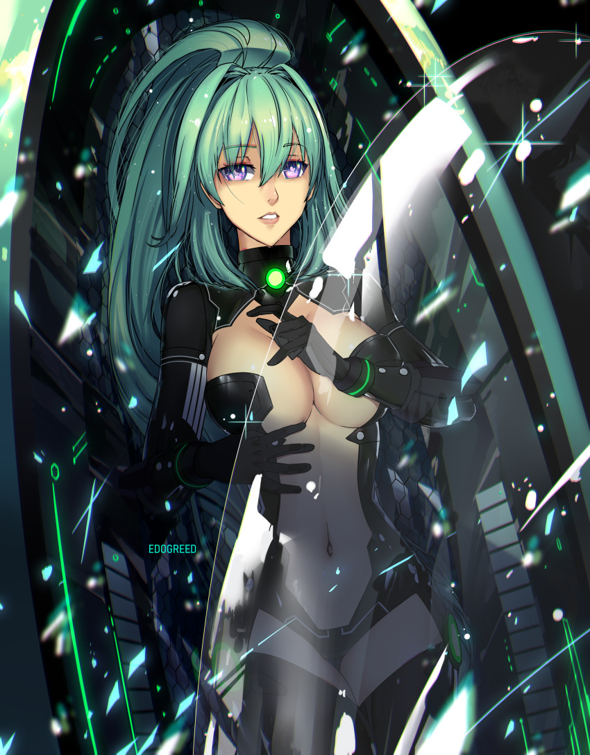 1girl, absurdres, artist_name, black_gloves, breasts, choujigen_game_neptune, double-parted_bangs, eadgear, elbow_gloves, gloves, green_hair, green_heart_(neptunia), hair_between_eyes, highres, large_breasts, long_hair, navel, neptune_(series), ponytail, purple_eyes, solo, thighhighs, thighs, transparent, vert_(neptunia), very_long_hair