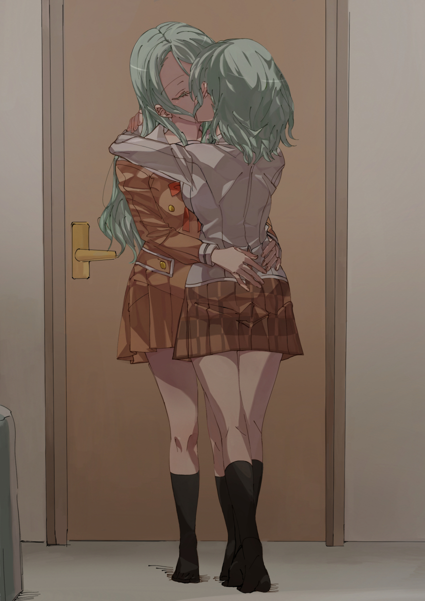 2girls, absurdres, aqua_hair, arms_around_neck, bang_dream!, bang_dream!_girls_band_party!, black_socks, blazer, brown_dress, brown_skirt, closed_eyes, door, dress, grey_jacket, hands_on_another's_waist, highres, hikawa_hina, hikawa_sayo, incest, jacket, junjun_(kimi-la), kiss, kneehighs, long_hair, medium_hair, multiple_girls, school_uniform, siblings, sisters, skirt, socks, standing, twincest, twins, yuri