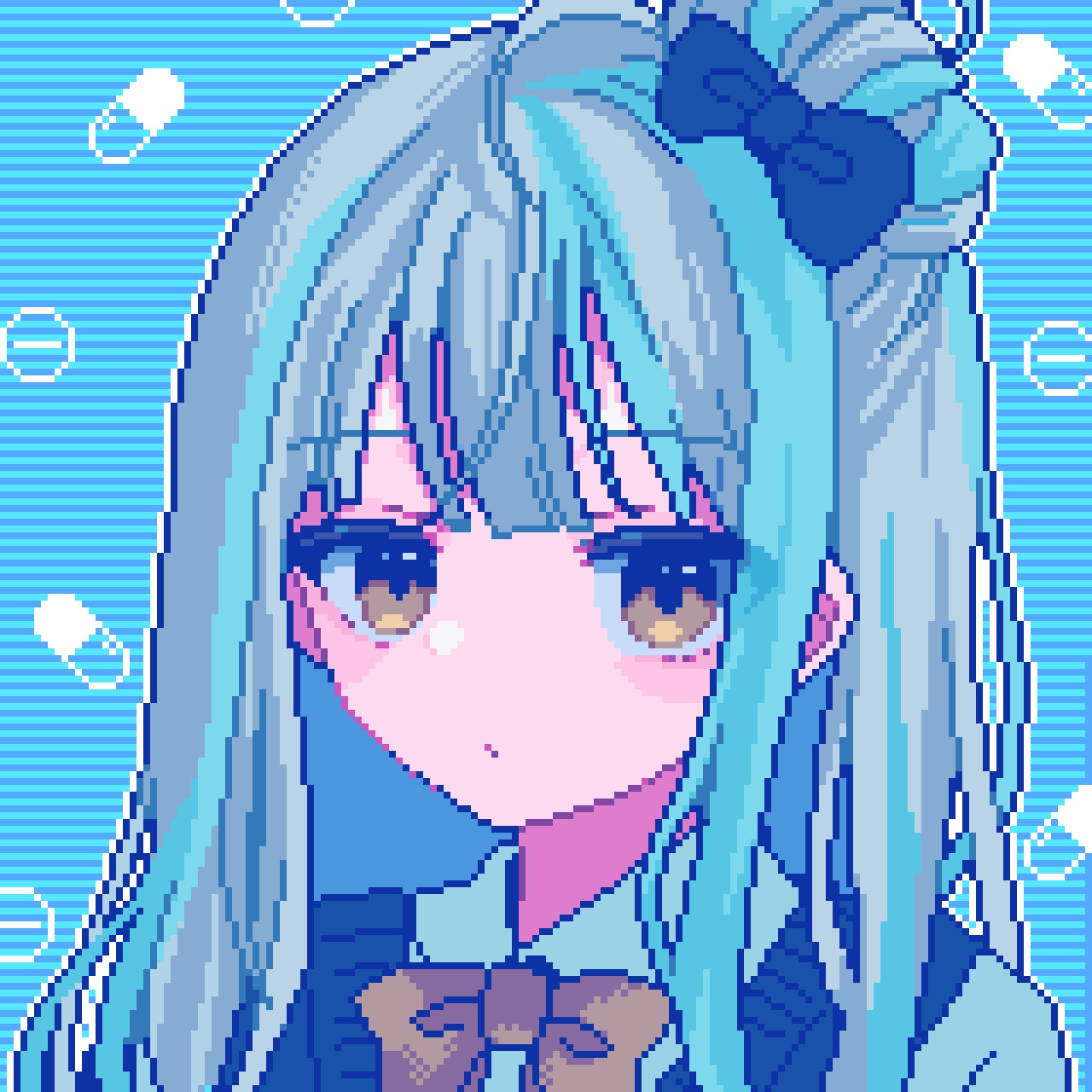 1girl, black_bow, blue_background, blue_hair, blunt_bangs, blush, bow, bowtie, brown_eyes, closed_mouth, collared_shirt, expressionless, grey_hair, hair_bow, hair_bun, highres, long_hair, looking_at_viewer, multicolored_hair, nanami_yuki_(yuki77mi), nyalra_(author), original, outline, pill, pixel_art, portrait, second-party_source, shirt, single_hair_bun, solo, streaked_hair, white_outline, white_shirt