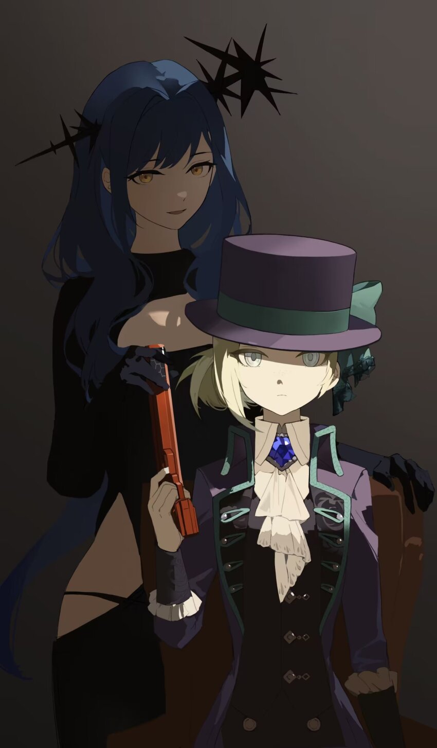 2girls, absurdres, arcana_(reverse:1999), ascot, black_dress, black_gloves, black_panties, blue_hair