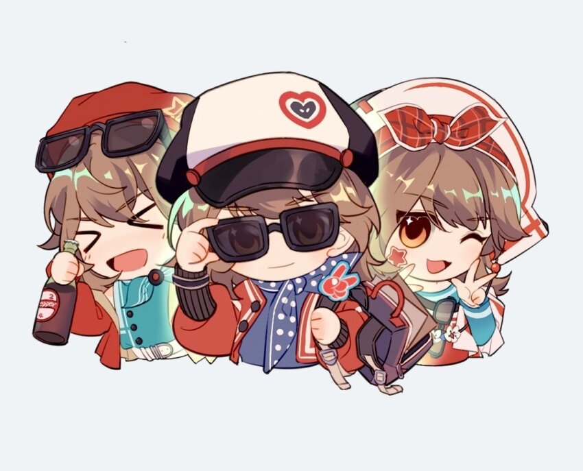 >_<, 1girl, adjusting_eyewear, bag, bottle, brown_eyes, brown_hair, chibi