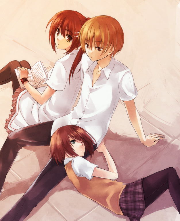 1boy, 2girls, akr_et, bad_id, bad_pixiv_id, book, brother_and_sister, lap_pillow