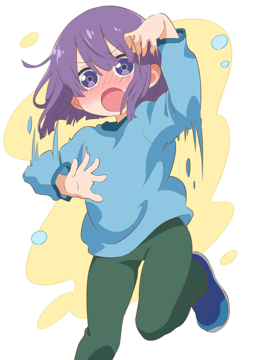 1boy, :o, androgynous, blush, bob_cut, dokushibuki, embarrassed, green_pants, highres, jumping, kobayashi-san_chi_no_maidragon, looking_at_viewer, magatsuchi_shouta, male_focus, motion_lines, multiple_views, open_mouth, pants, purple_hair, shirt, trap