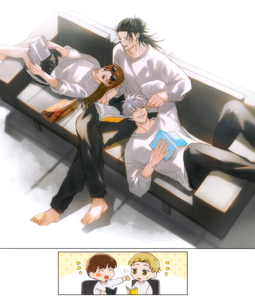 1girl, 4boys, ^_^, absurdres, black_hair, black_pants, black_shorts, blonde_hair