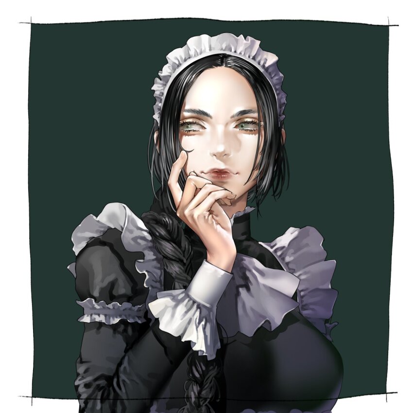 1girl, black_dress, black_hair, braid, dress, fata_morgana_no_yakata, forehead, frills