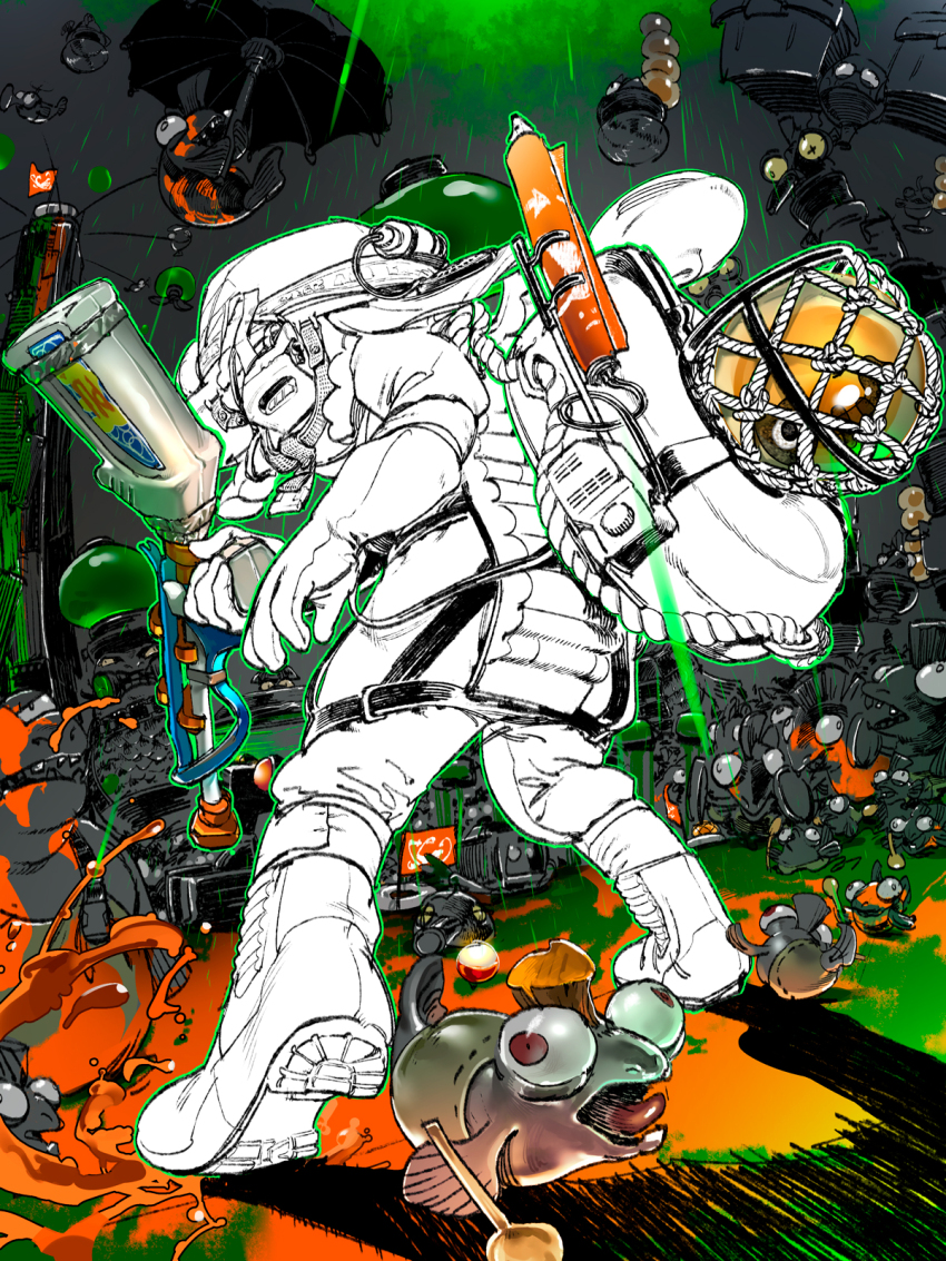 1girl, big_shot_(splatoon), boots, braid, chum_(splatoon), drizzler_(splatoon), fish_stick_(splatoon), flyfish_(splatoon)