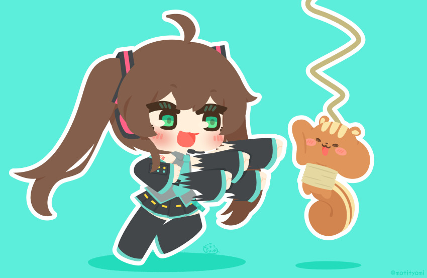 absurdres, ahoge, alternate_costume, alternate_hairstyle, black_skirt, brown_hair, chibi, cosplay, detached_sleeves, green_eyes, hatsune_miku, hatsune_miku_(cosplay), highres, hololive, long_hair, matsurisu, motyomi, natsuiro_matsuri, open_mouth, punching, rapid_punches, skirt, smile, thighhighs, virtual_youtuber, vocaloid