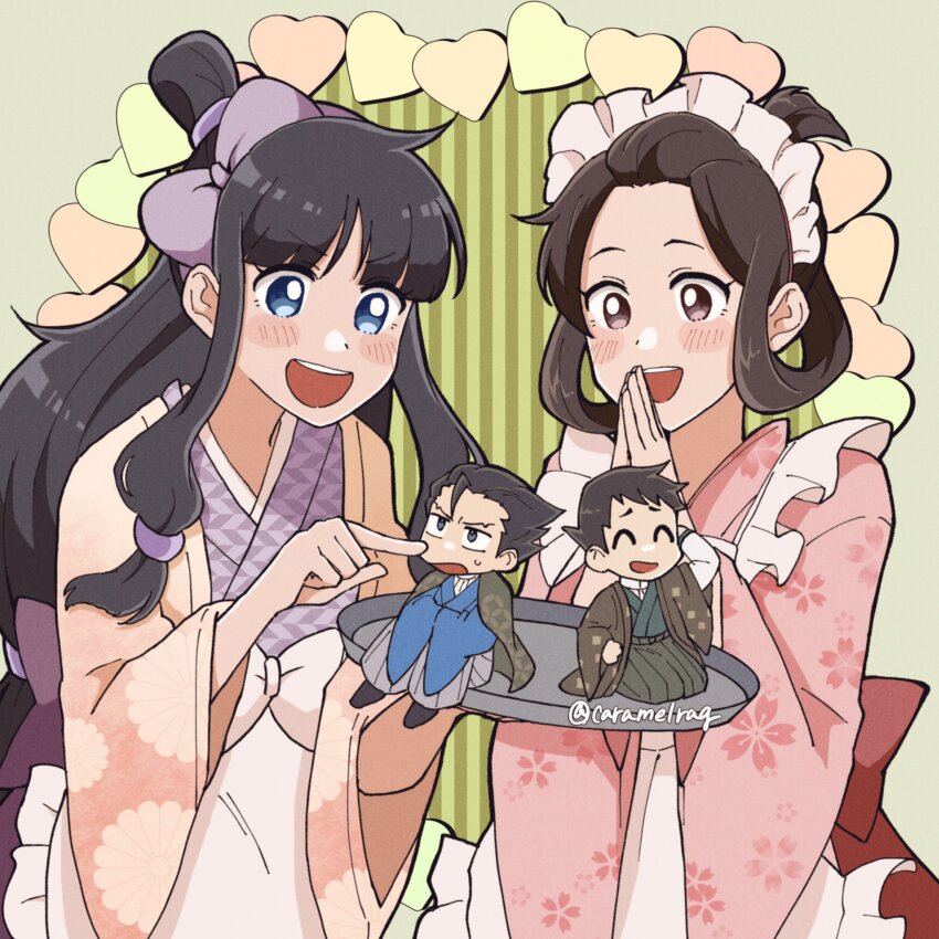 2boys, 2girls, ^_^, ace_attorney, apron, black_hair, black_haori, blue_eyes, blue_kimono, bow, caramelrag, chibi, closed_eyes, frown, green_background, green_kimono, hair_bow, hair_ornament, hair_rings, hair_slicked_back, hakama, hands_up, haori, highres, holding, holding_tray, japanese_clothes, kimono, knees_up, long_hair, long_sleeves, maid, maid_apron, maid_headdress, maya_fey, multiple_boys, multiple_girls, open_mouth, phoenix_wright, pink_kimono, purple_bow, purple_kimono, ryunosuke_naruhodo, seiza, short_hair, sitting, smile, sphere_hair_ornament, susato_mikotoba, sweatdrop, teeth, the_great_ace_attorney, tray, updo, upper_teeth_only, v-shaped_eyebrows, wa_maid, white_apron, wide_sleeves