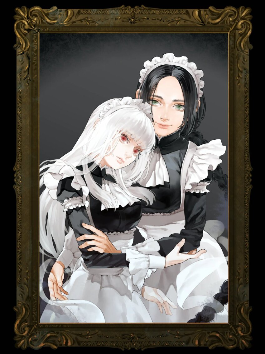 2girls, albino, apron, black_dress, black_hair, blunt_bangs, braid, dress