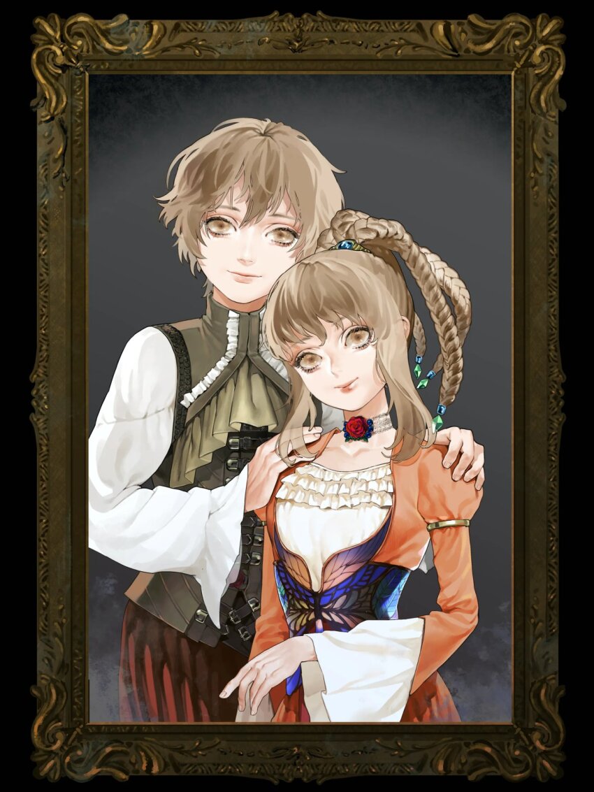 1boy, 1girl, blonde_hair, braid, choker, dress, fata_morgana_no_yakata, hands_on_another's_shoulders