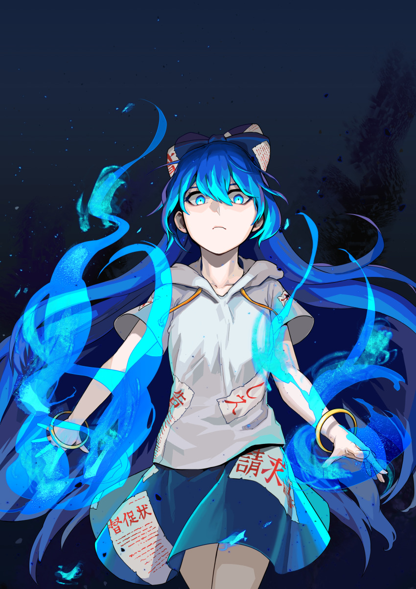 1girl, absurdres, bangle, blue_background, blue_eyes, blue_fire, blue_hair, blue_skirt, bow, bracelet, breasts, closed_mouth, commentary_request, cowboy_shot, debt, embers, fire, frown, glowing, glowing_eyes, grey_hoodie, hair_between_eyes, hair_bow, highres, hood, hood_down, hoodie, jewelry, long_bangs, long_hair, looking_at_viewer, looking_down, rapo_01, short_sleeves, skirt, small_breasts, solo, touhou, yorigami_shion