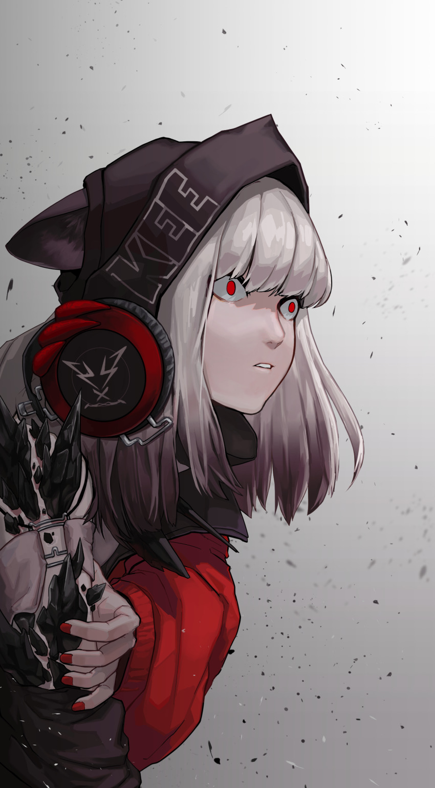 1girl, absurdres, animal_ear_fluff, animal_ears, arknights, black_hood, commentary, constricted_pupils