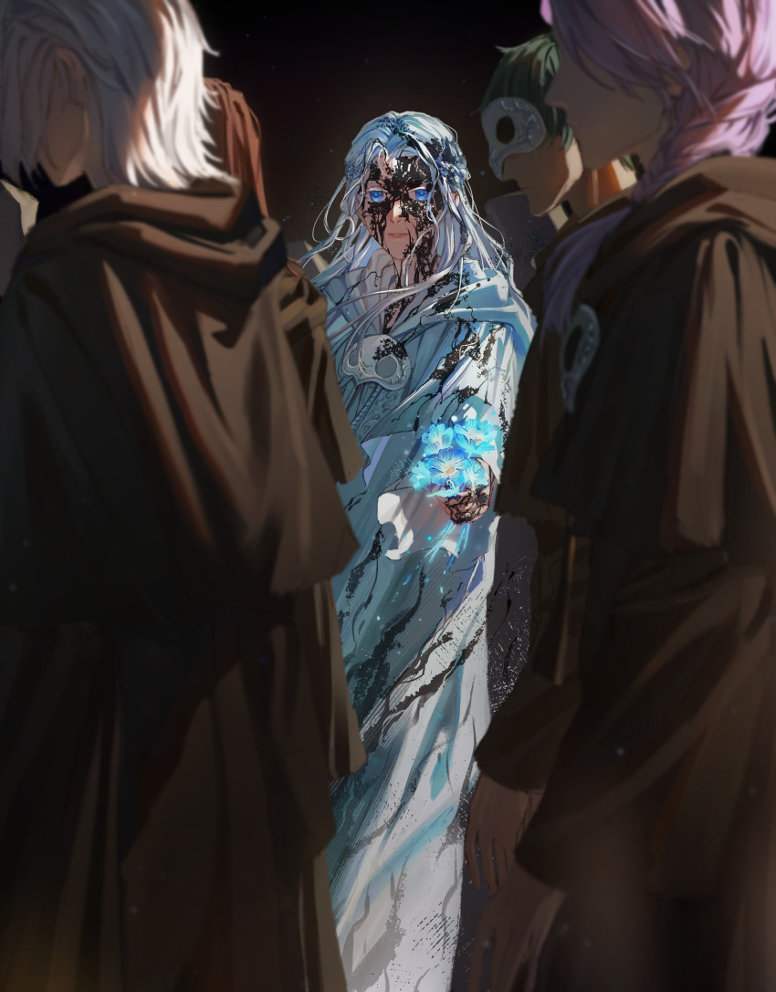 1girl, 3boys, absurdres, black_robe, blood, blood_on_clothes, blood_on_face, blood_on_hands