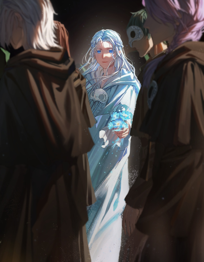 1girl, 3boys, absurdres, black_robe, blue_eyes, blue_flower, braid, brown_hair