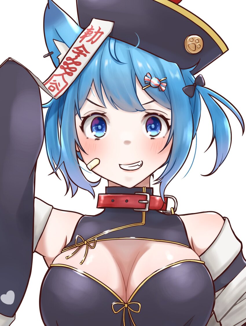 1girl, alternate_costume, animal_collar, animal_ear_piercing, animal_ears, bandaid, bandaid_on_cheek, bandaid_on_face, black_bow, black_hat, black_sleeves, blue_eyes, blue_hair, blush, bow, breasts, candy_hair_ornament, cleavage, cleavage_cutout, clothing_cutout, collar, commentary_request, detached_sleeves, dog_ears, dog_girl, earrings, food-themed_hair_ornament, grin, hair_ornament, hat, heart, highres, jewelry, jiangshi_costume, large_breasts, looking_at_viewer, lovermoonlight, nanashi_inc., ofuda, one_side_up, paw_print, qingdai_guanmao, short_hair, simple_background, single_earring, smile, solo, souya_ichika, upper_body, v-shaped_eyebrows, virtual_youtuber, white_background