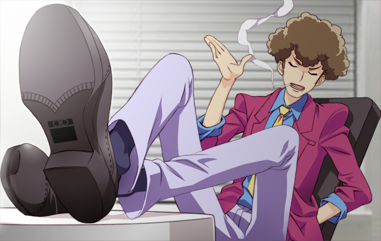 1boy, afro, arsene_lupin_iii, arsene_lupin_iii_(cosplay), brown_hair, cigarette, cosplay, excel_saga, formal_clothes, jacket, lupin_iii, male_focus, nabeshin, necktie, nyoro_(nyoronyoro000), red_jacket, smoking, solo, suit, yellow_necktie